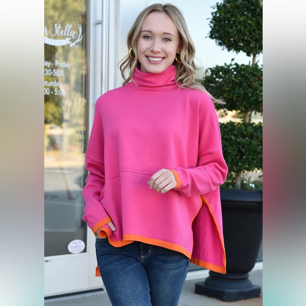 THML Turtleneck Sweater - Hot Pink & Orange - flowy - Small